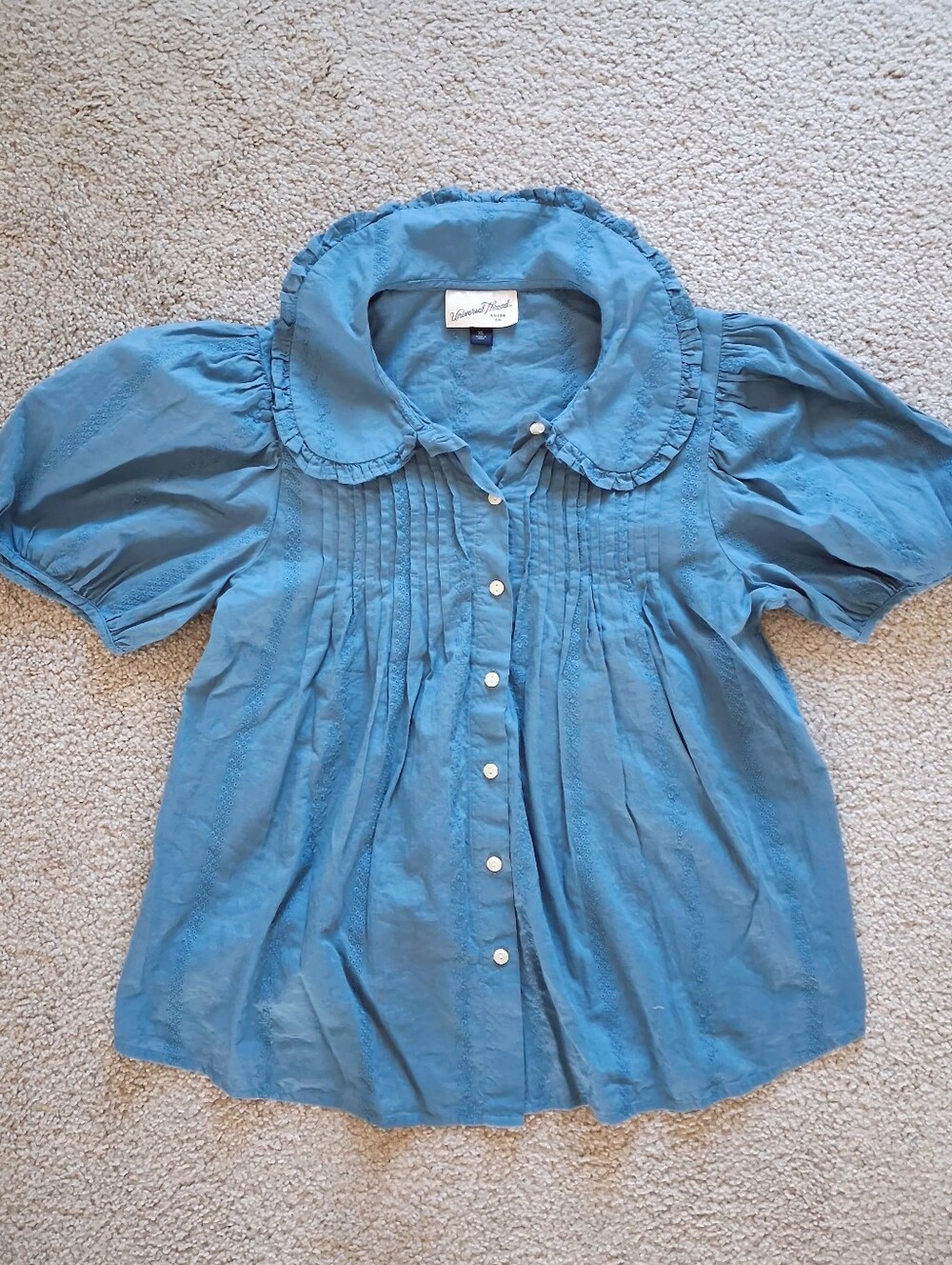Universal Thread Dusty Blue Peter Pan Collar Puff Sleeve Pintuck Button Up Top - Picture 7 of 8